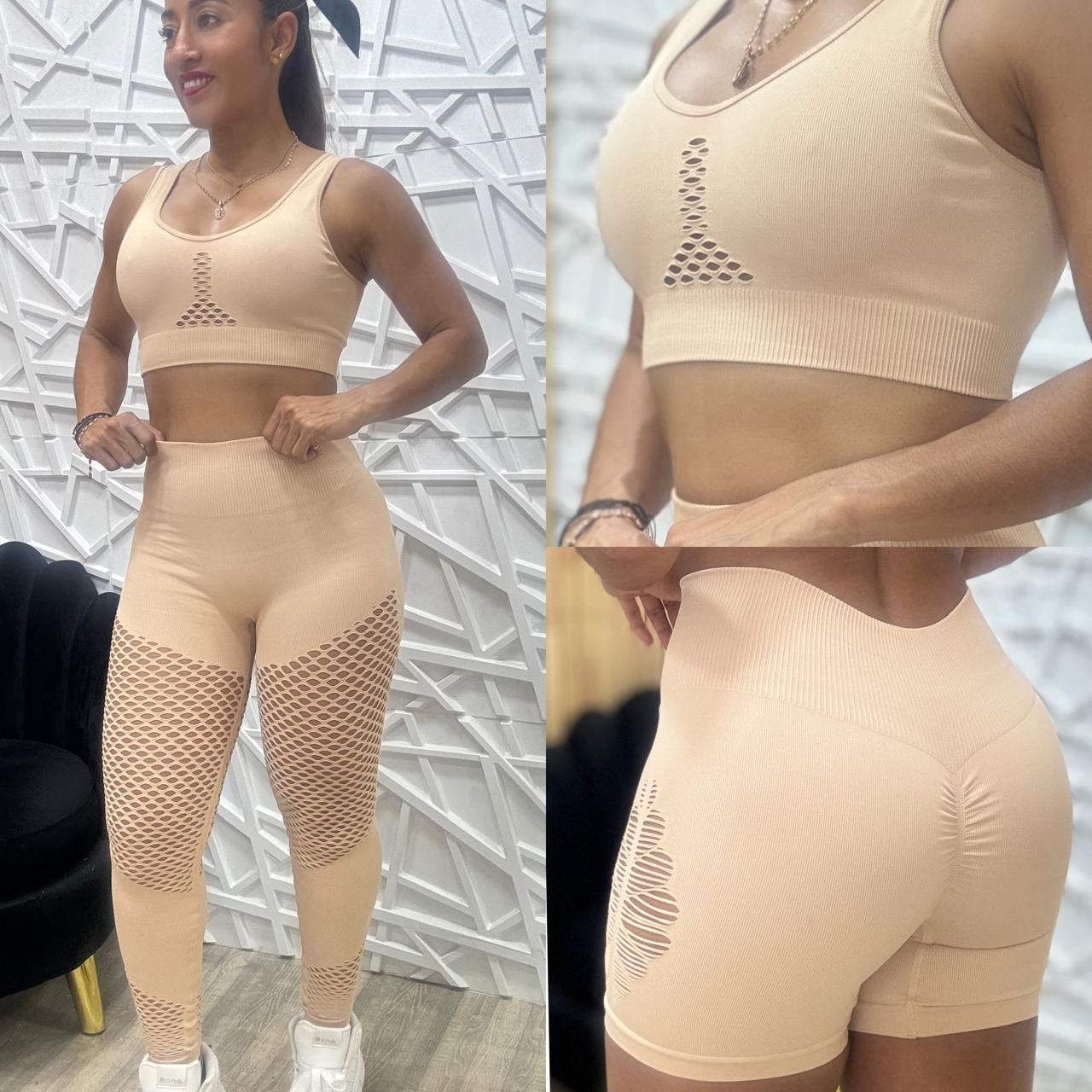 TRIO TOP LEGGINS Y SHORT CON REALCE