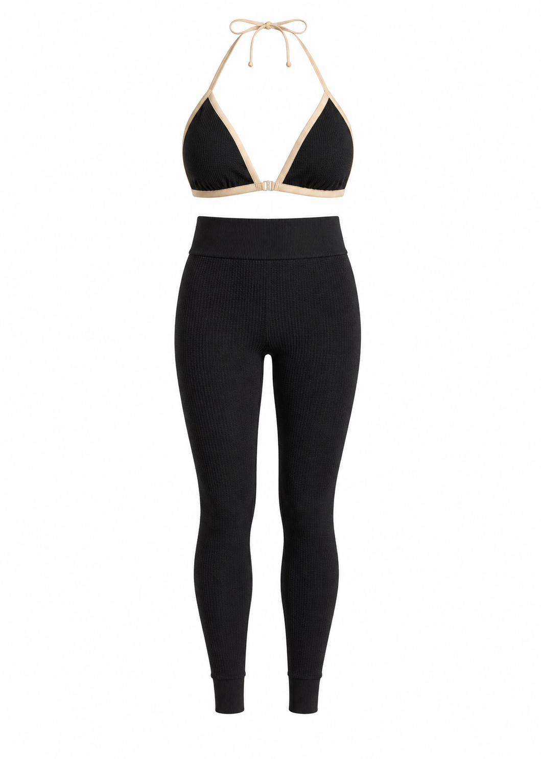 SET LEGGINS DOBLE REALCE Y TOP TRIÁNGULO TELA GALLETA  Ref. Leggins 6007 – Top 3101