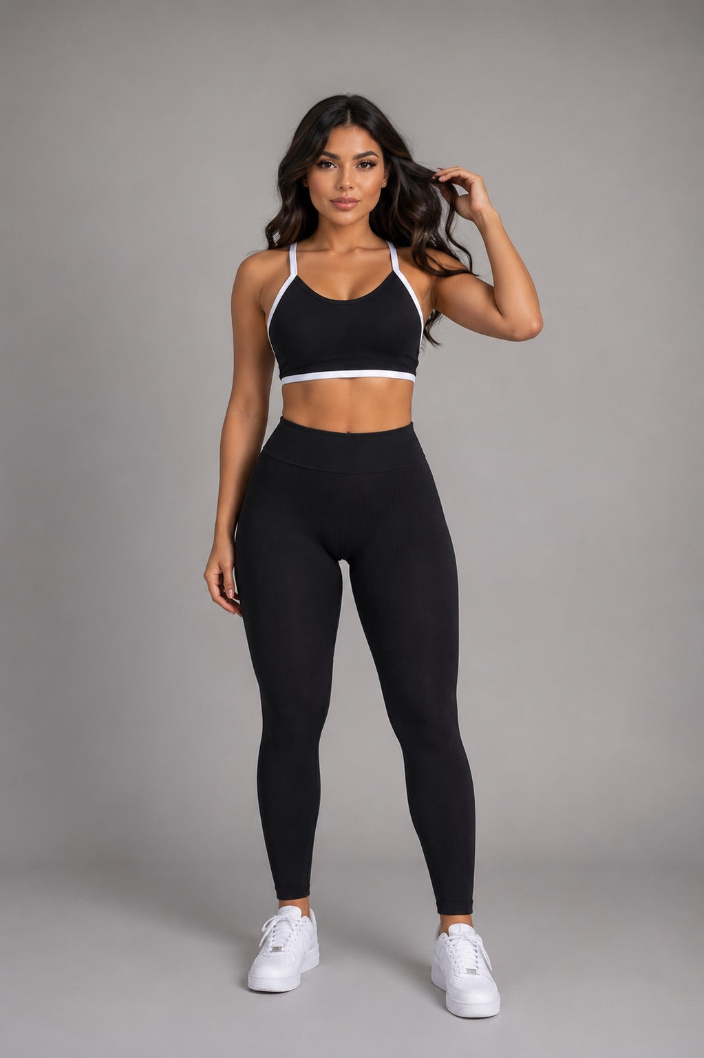 SET DE LEGGINS DOBLE REALCE Y TOP NACIONAL TELA GALLETA  Ref. Leggins 6005 – Top 3103
